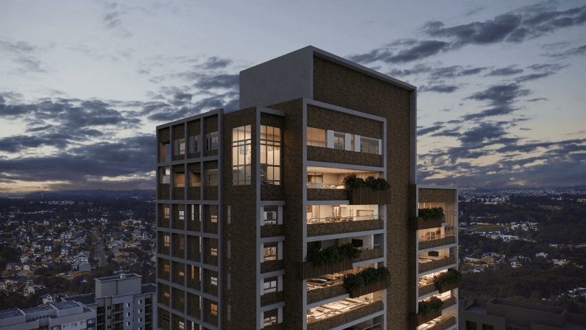 Fachada externa de edifício residencial com varandas e iluminação noturna