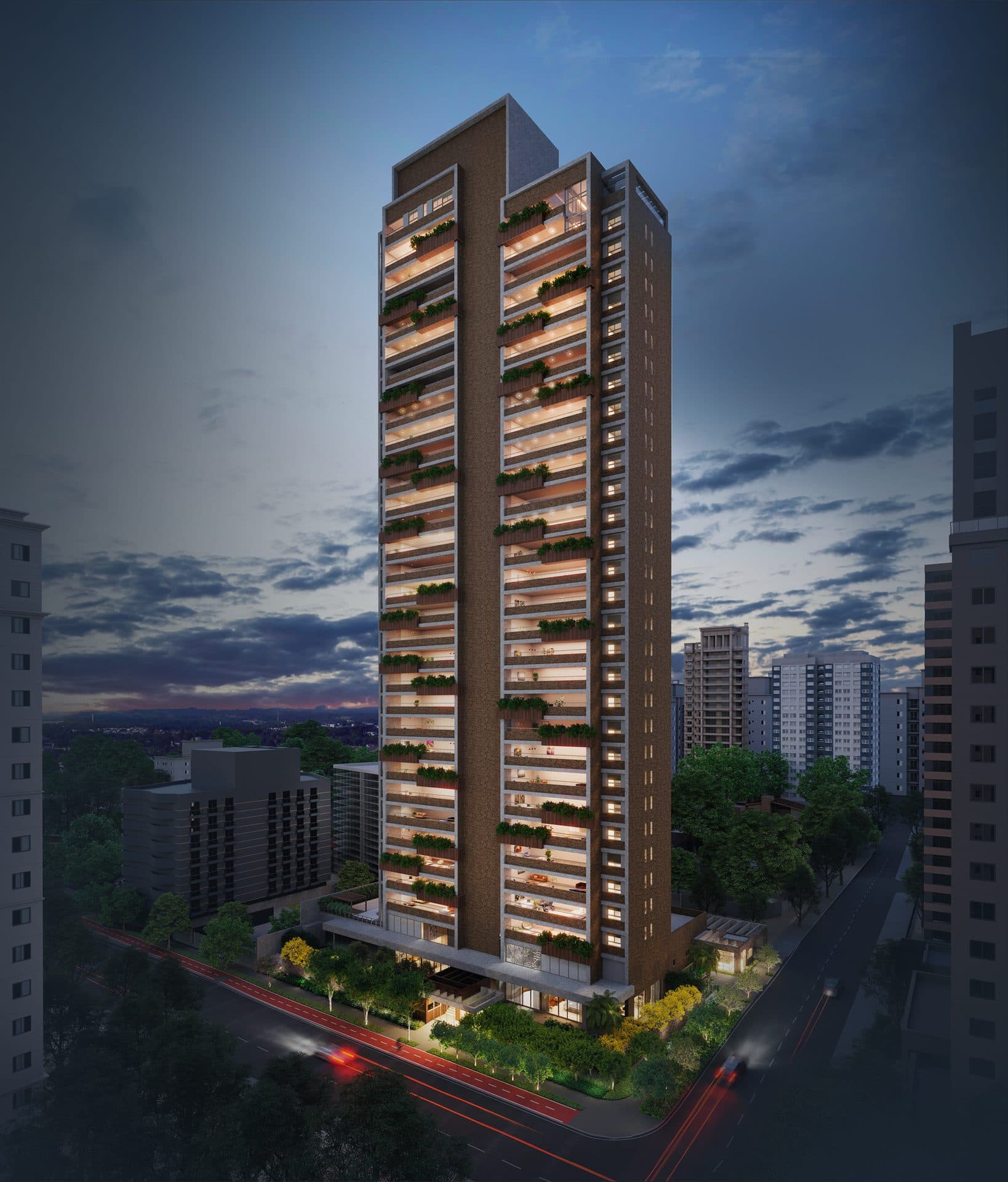 Fachada noturna do edifício alto com varandas integradas e iluminação embutida.